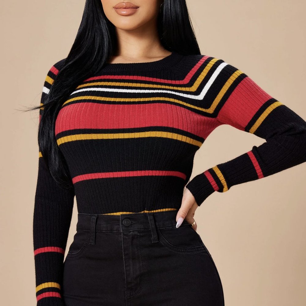 Long Sleeve Women's Sweater - Fashion Nova Sweater - Black Stripes Sweater
